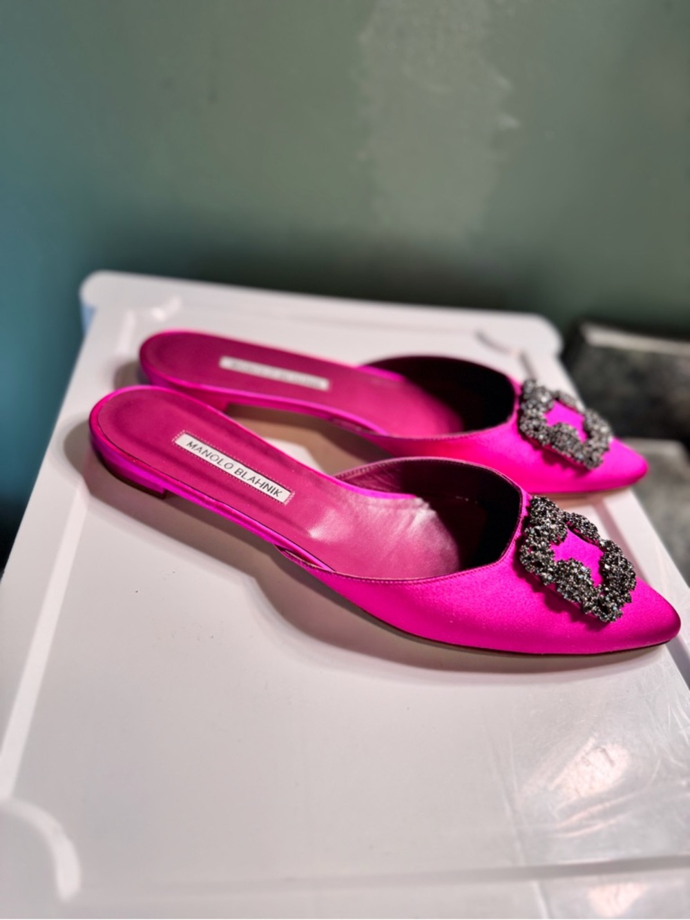 Manolo Blahnik Hangisi Fuchsia Satin Pointed Backless Mule with Crystal Buckle